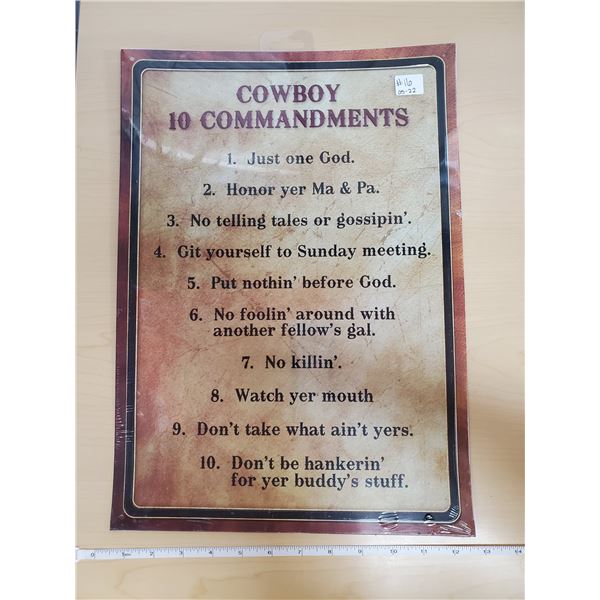 TIN SIGN 'COWBOY 10 COMMANDMENTS' 12 X 17"