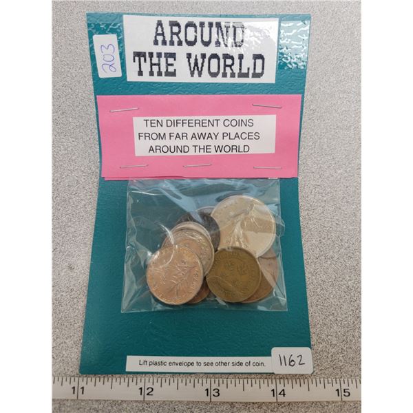 Ten different coins from far away places around the world