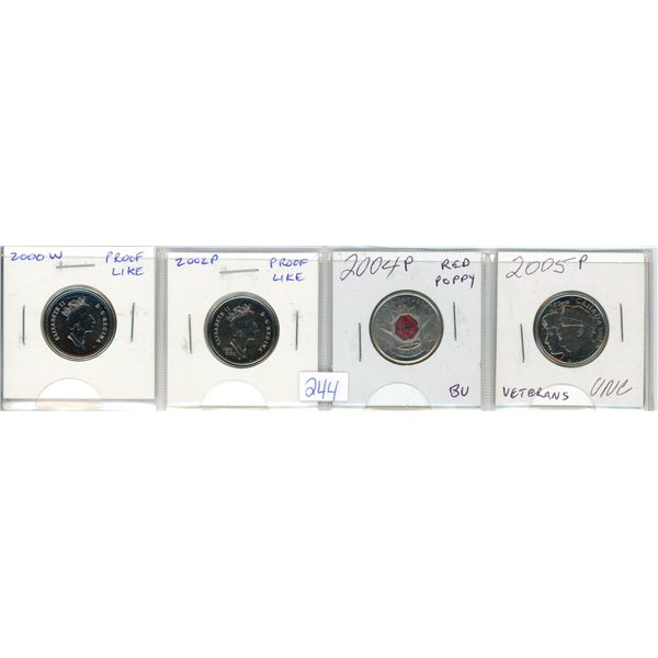4 Canadian quarters - 2 proof like, 2 unc