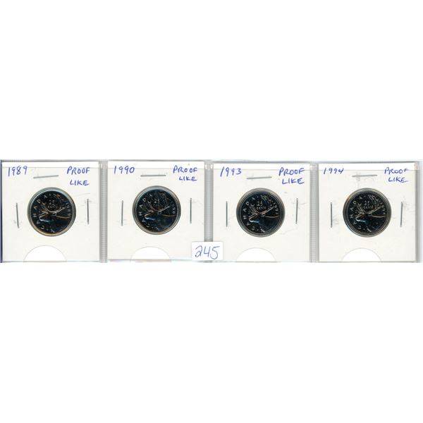 4 Canadian proof like quarters - 1989, 1990, 1993, 1994