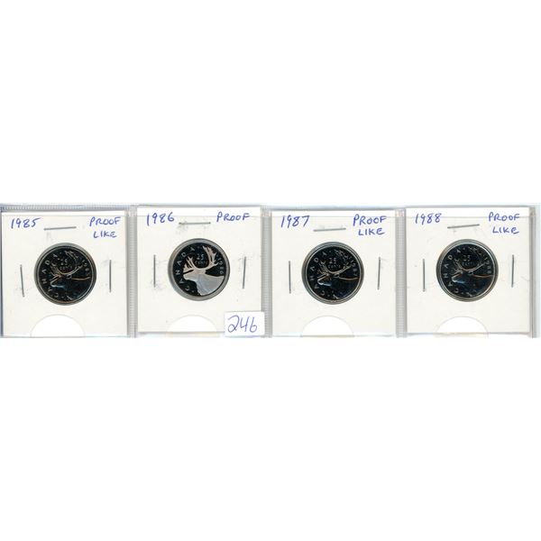 4 Canadian proof like quarters - 1985, 1986, 1987, 1988