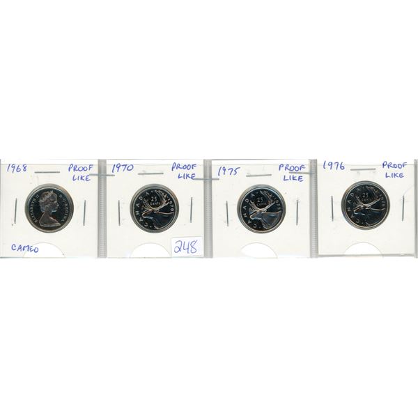4 proof like Canadian quarters - 1968, 1970, 1975, 1976