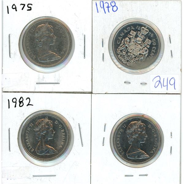 4 Canadian 50 cent pieces, 1978, 1970, 1982, 1975