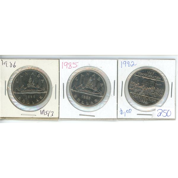 3 X Canadian Nickel Dollars 85' 86' and 82' Confederation