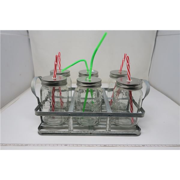 6 DECORATIVE GLASS JARS IN SERVING TRAY