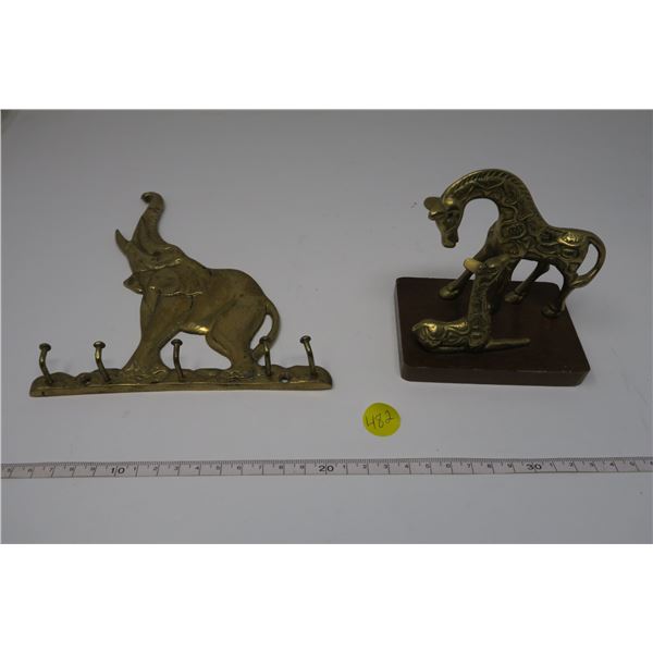 Brass Elephant Key Hanger and Brass Giraffe Statuete