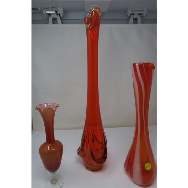 3 Orange Glass Vases - 21 inch 'swung' glass work, 1 from Japan