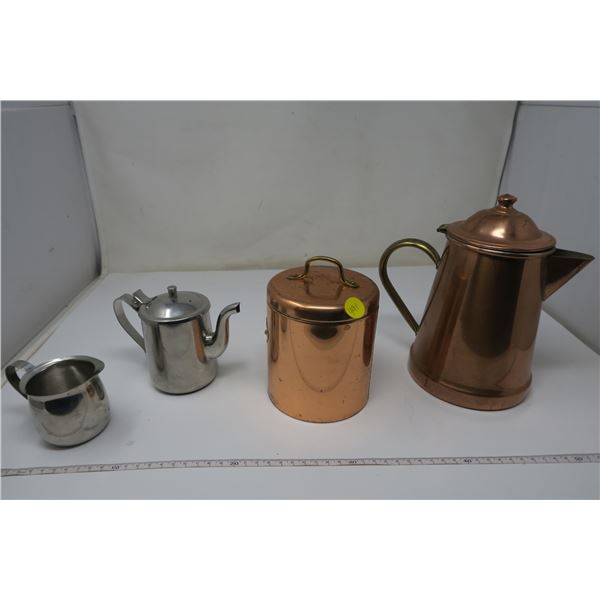 Copper & steel tea pots/accessories - 4 pieces