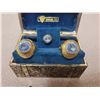 Image 2 : Blue crystal cuff linkn & tie clip set, gold engraved cuff links in case