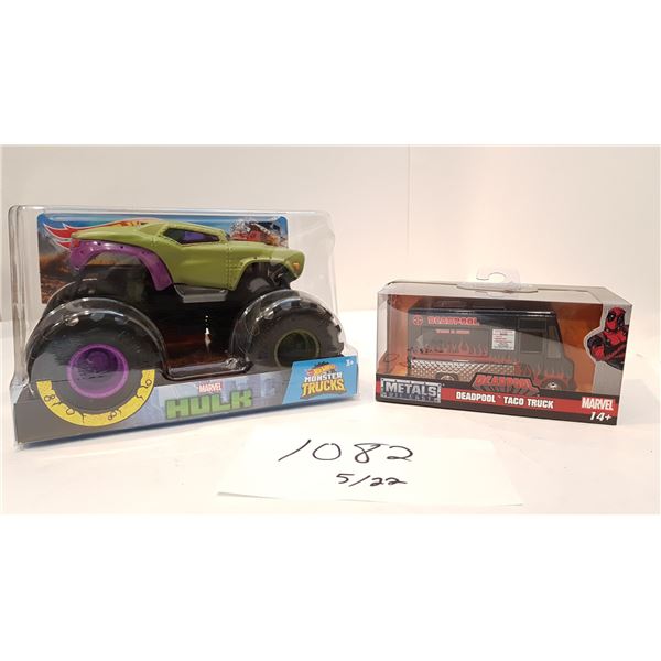 Marvel Toy Car Bundle - Hotwheels Hulk Monster Truck and Deadpool Taco Truck (Diecast)
