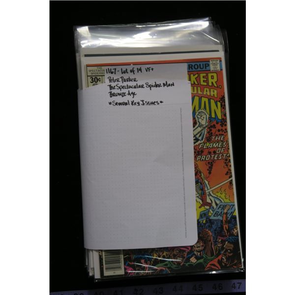 #1167 - LOT of 14 VF+ Peter Parker, The Spectacular Spiderman - Bronze Age - Several Key Issues