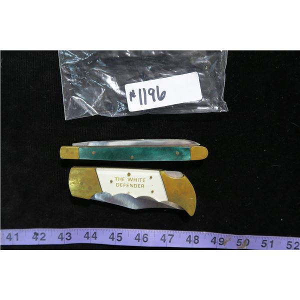 #1196 - 2 Vintage Stainless Pakistan Knives; The White Defender and Red and Green Pearlesque handle