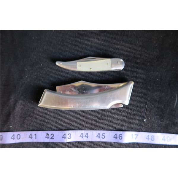 #1197 - 2 Japan Stainless Knives, Silver Lock Blade & Vintage Sabre Japan Mother of Pearl Handle