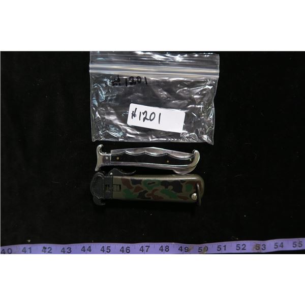 #1201 - Lot of 2 Broken Knives, Silver wont stay shut & Loose Blade, Camo wont eject blade