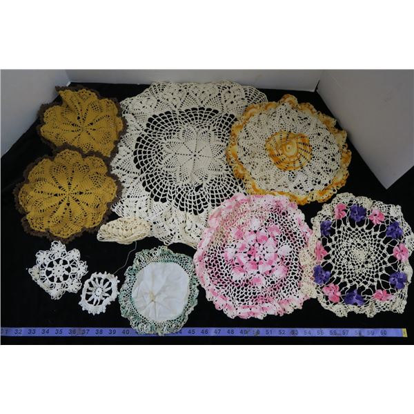 #1227 - Bag of Colored Crocheted Doillies et al. - Very Old