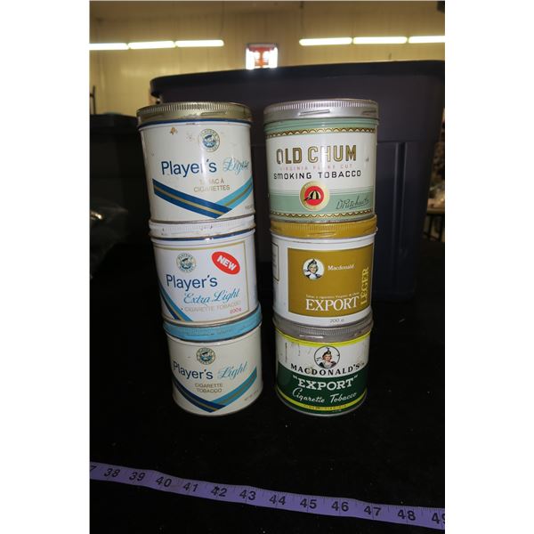 #1233 - 6 Lot of Tobacco Tins ; 3 plyaers, 2 export and 1 old chum