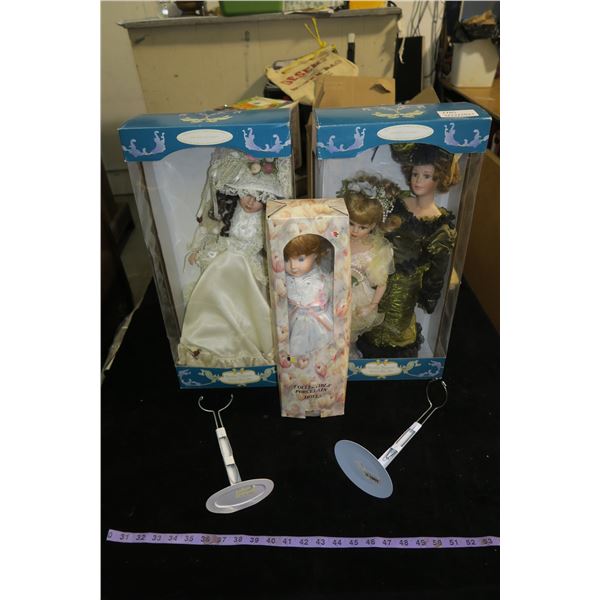 Collector Porcelain Dolls & Stands, with original boxes