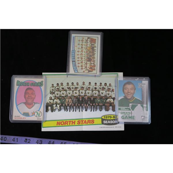#1303 - Minnesota North Stars Lot; 1971-72 OPC Gump Worsley, Greats of the Game Card, 1976-77 Team  