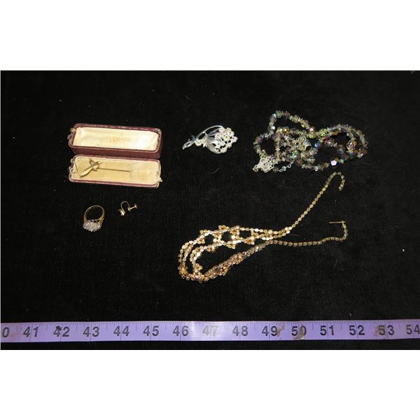 #1317 - Estate Costume Jewelry - 2 Continental Aurora Borealis Crystal Necklaces, ring & 2 pins