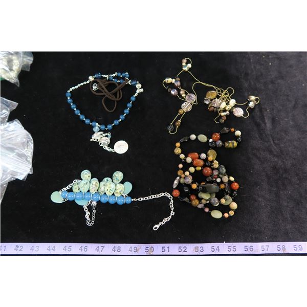 #1318 - Estate Costume Jewelry - Blue Bead Necklace, Blue Beaded Bracelet & 2 Brown Bead Neckalces
