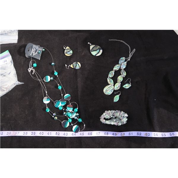 #1324 - Estate Costume Jewelry - Black & Green Beaded Necklace w/matching earrings, black teardrop  