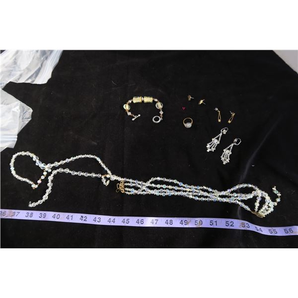 #1325 - Estate Costume Jewelry - 2 Vintage Aurora Crystal Neckalces and 1 Bracelet, Glass bead brace