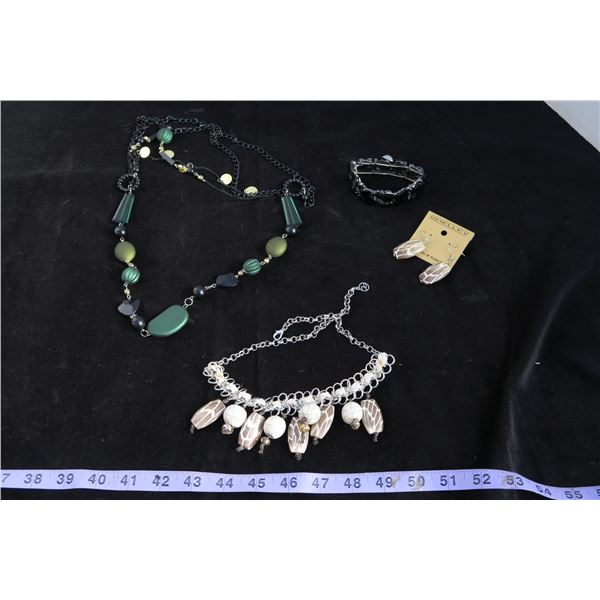 #1326 - Estate Costume Jewelry - Black Bracelet, Green & Black Beaded Necklace, Tan Bead silver  nec
