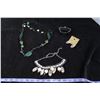 Image 1 : #1326 - Estate Costume Jewelry - Black Bracelet, Green & Black Beaded Necklace, Tan Bead silver  nec