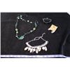 Image 2 : #1326 - Estate Costume Jewelry - Black Bracelet, Green & Black Beaded Necklace, Tan Bead silver  nec