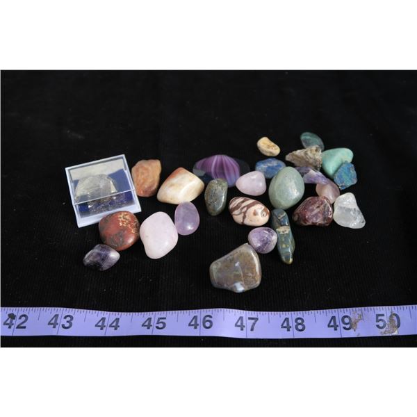 #1330 - Box of polished stones and specimen piece of Pyrite, Rock and Gem Book