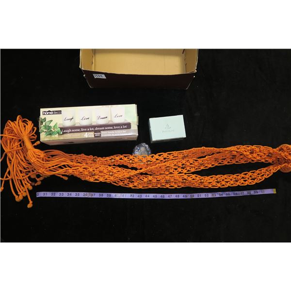 #1334 - Glass Candle Holder Set, 6 Partylite Black Orchid Votives and Vintage Macrame Plant Hanging