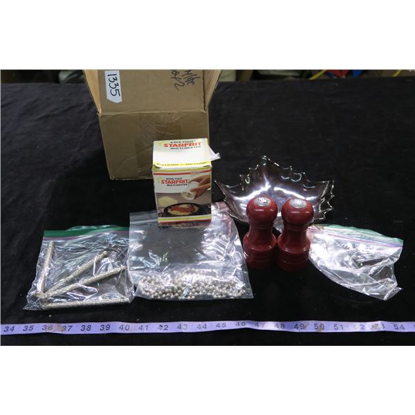 #1335 - Red S&P Shakers, Star Frit Multi Grater, Pastry Beads, 2 Vintage Nutcrackers and Leaf Platte