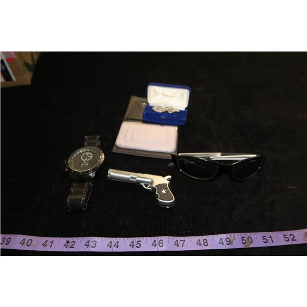 #1336 - Gun Butane Lighter, Oakland Raider Sunglasses, Dollar Sign Money Clip, ID Holder & Watch