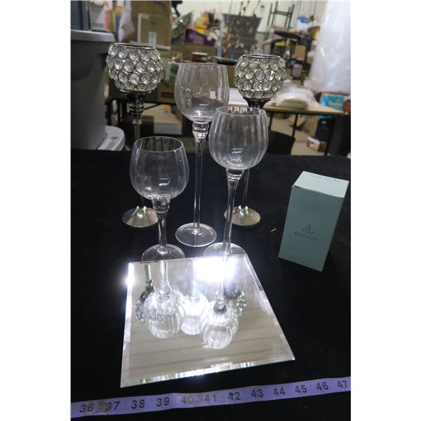 #1345 - Tiered Wineglass Trio Votive Holders, pair of Tealight Holders & Mirror Candle Tray and a  C