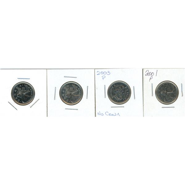 (4) 2001-2016 Canadian 25 Cent Coins