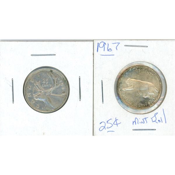 (2) 1938 + 1967 Canadian 25 Cent Coins (Mint Roll)