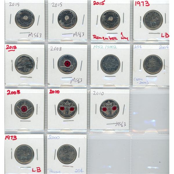 (13) 1973-2015 Canadian 25 Cent Coins