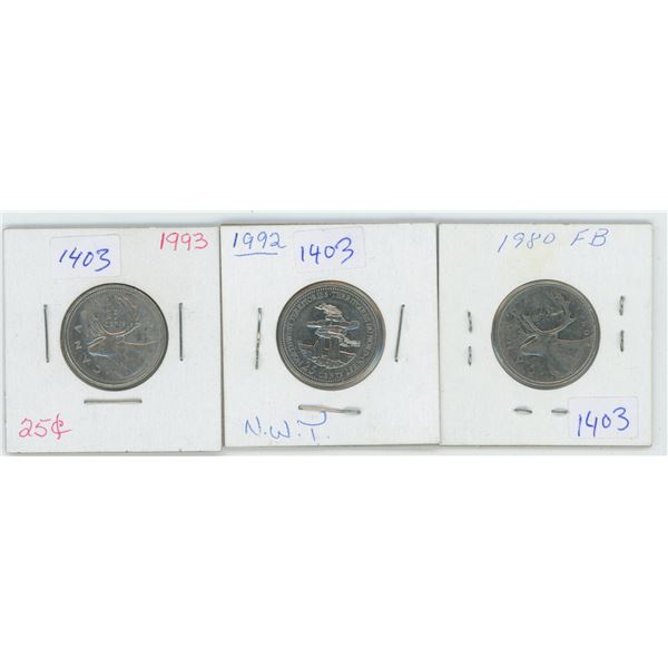 1980 & 1992 & 1993 Canadian 25 Cent Coins