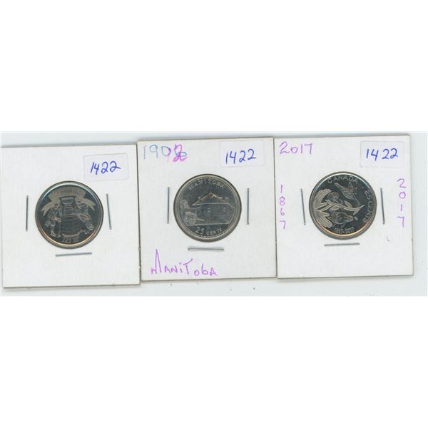 1992 & 2 X 2017 Canadian 25 Cent Coins