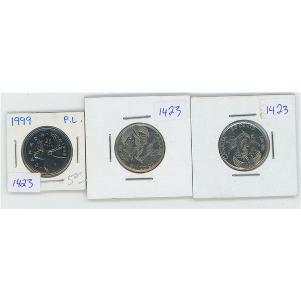 1999 & 2 X 2017 Canadian 25 Cent Coins
