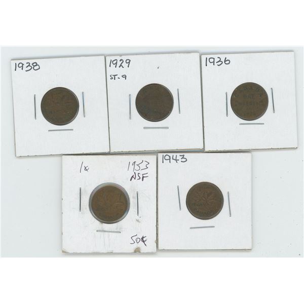 1929 &36 & 38 & 43 &53 Canadian 1 Cent Coins