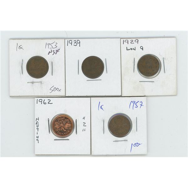 1929 & 39 & 53 & 57 & 62 Canadian 1 Cent Coins
