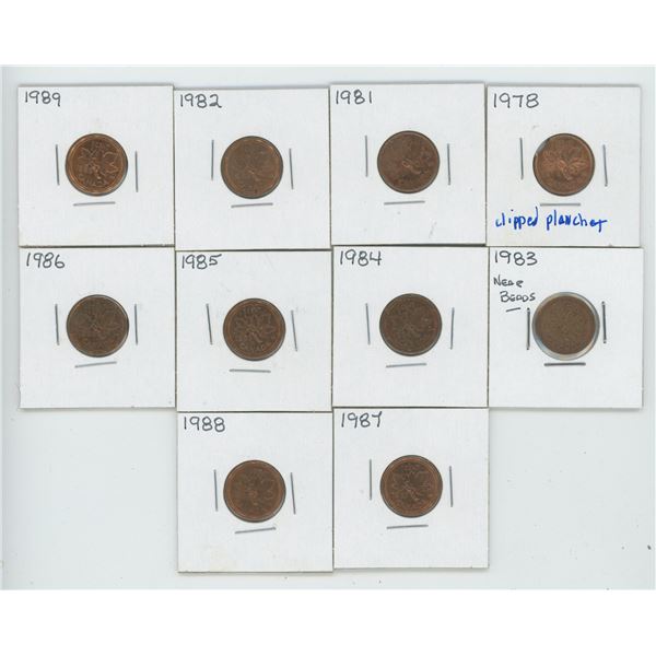 10 X Various 1978 -1989 Canadian 1 Cent Coins