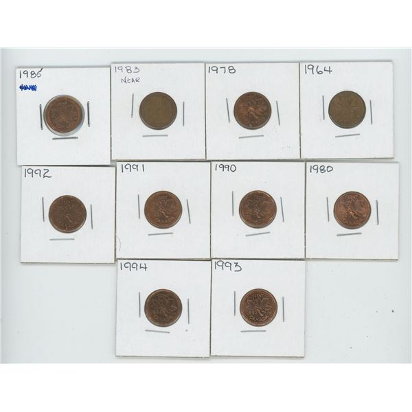10 X Various 1964 -1994 Canadian 1 Cent Coins