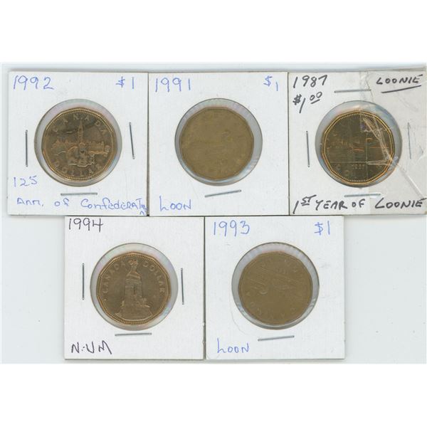 5 X Various 1987 - 1994 Canadian 1 Dollar Coins