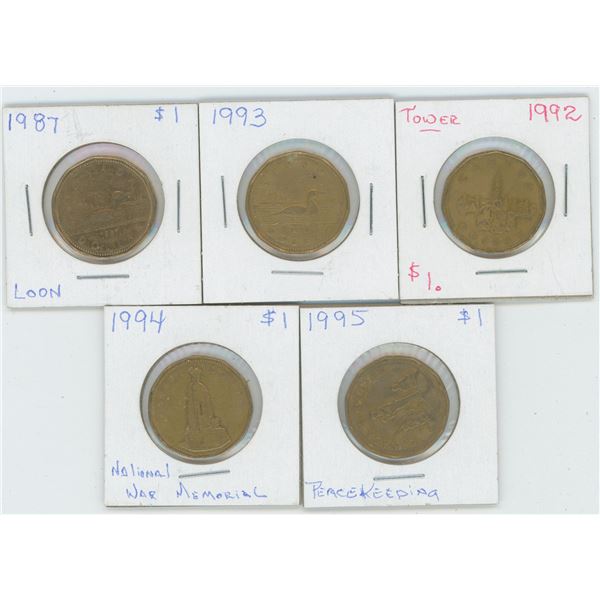 5 X Various 1987 - 1995 Canadian 1 Dollar Coins