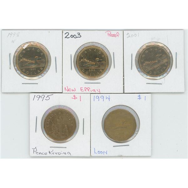5 X Various 1994 - 2003 Canadian 1 Dollar Coins