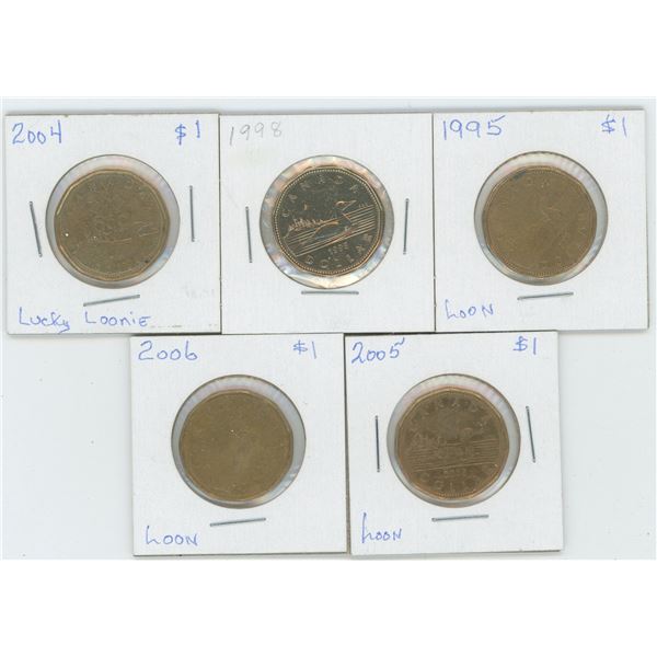 5 X Various 1995 - 2006 Canadian 1 Dollar Coins