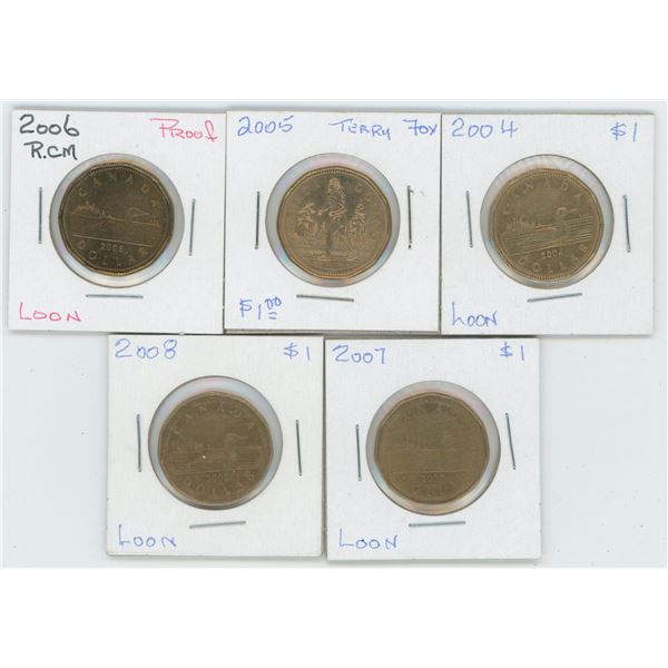 5 X  2004 - 2008 Canadian 1 Dollar Coins