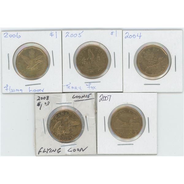 5 X  2004 - 2008 Canadian 1 Dollar Coins